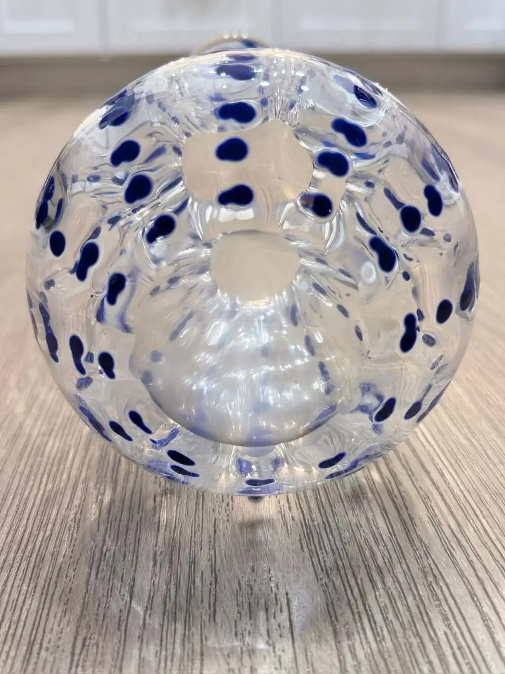 Hand Blown Clear Glass Vase with Cobalt Blue Polka Dots and Ruffled Rim